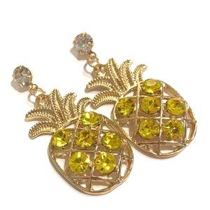 Pineapple Earrings Gold Tone Yellow Rhinestones